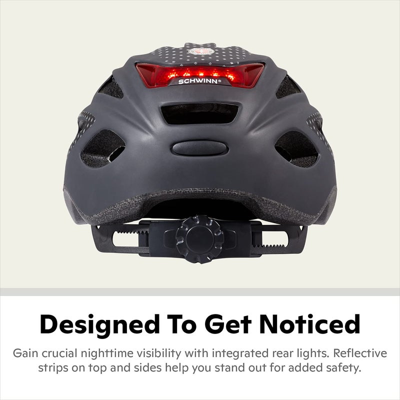 SCHWINN خوذة شوان للإضاءة للبالغين، مقاس 58 - 62 سم للركاب من عمر 14 عامًا فما فوق، ضوء LED خلفي، شرائط عاكسة، قرص وأحزمة قابلة للتعديل، 17 فتحة تهوية، واقي شمس قابل للإزالة، خوذة دراجة للبالغين - Image 2